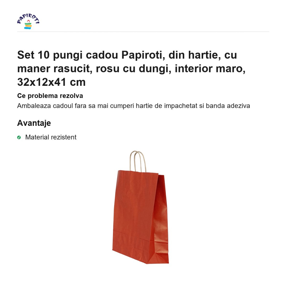 Set 10 pungi cadou Papiroti, din hartie, cu maner rasucit, rosu cu dungi, interior maro, 32x12x41 cm [2]