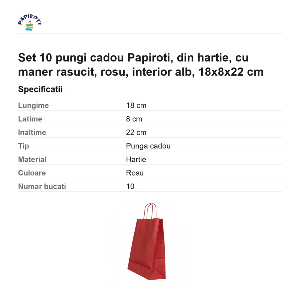 Set 10 pungi cadou Papiroti, din hartie, cu maner rasucit, rosu, interior alb, 18x8x22 cm [3]