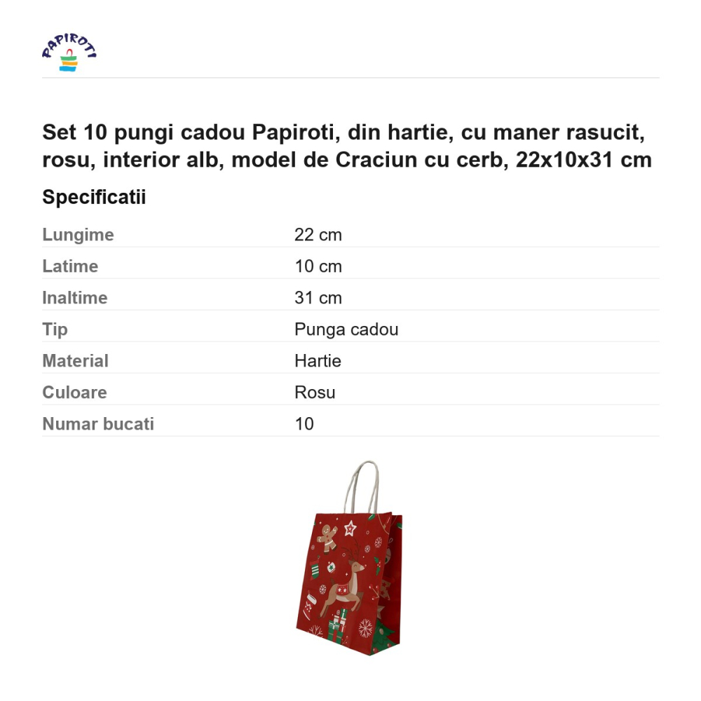 Set 10 pungi cadou Papiroti, din hartie, cu maner rasucit, rosu, interior alb, model de Craciun cu cerb, 22x10x31 cm [3]
