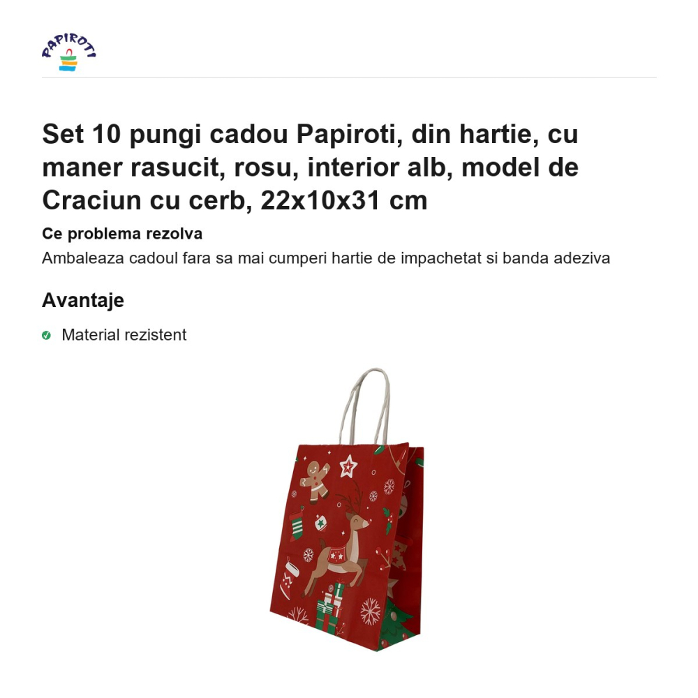 Set 10 pungi cadou Papiroti, din hartie, cu maner rasucit, rosu, interior alb, model de Craciun cu cerb, 22x10x31 cm [2]