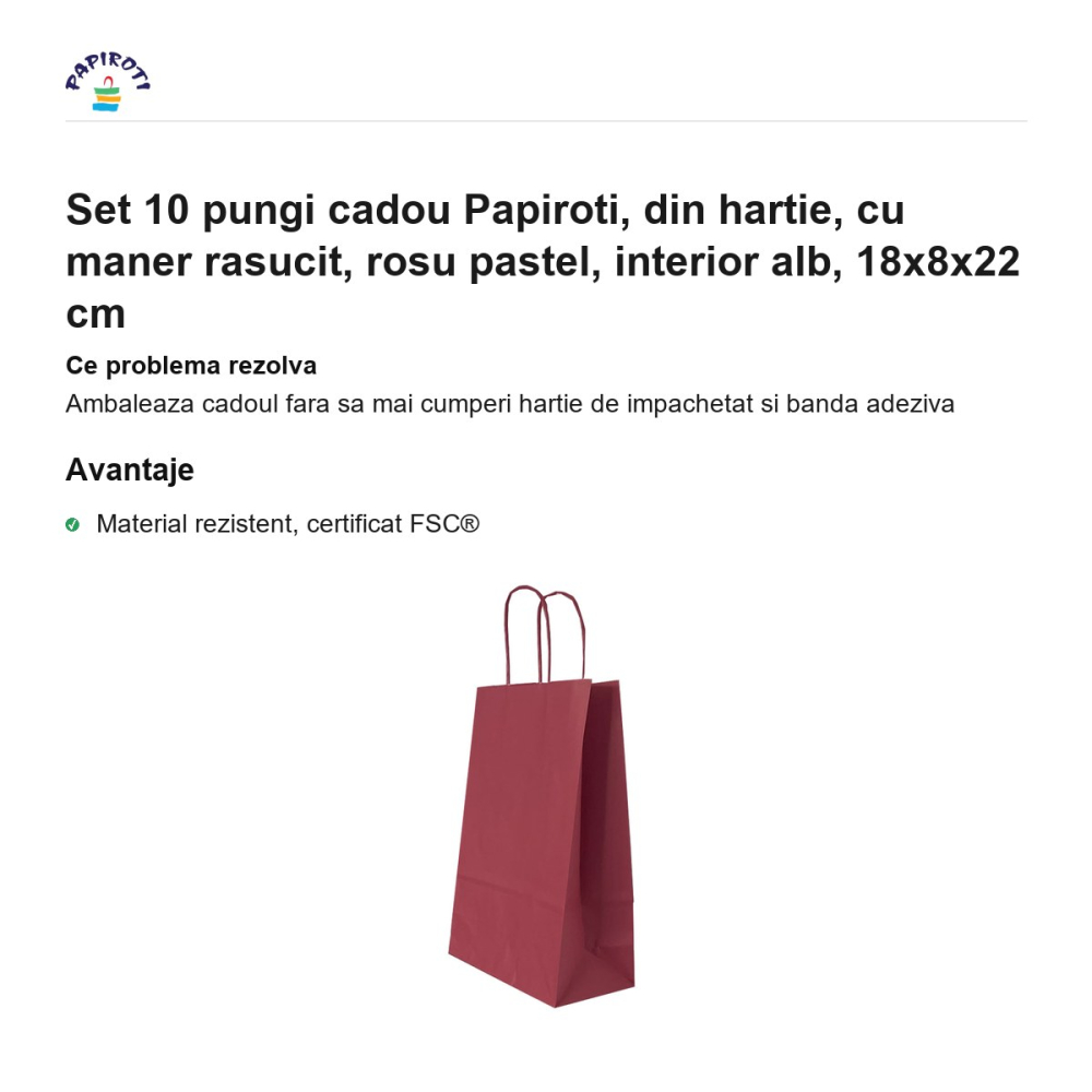 Set 10 pungi cadou Papiroti, din hartie, cu maner rasucit, rosu pastel, interior alb, 18x8x22 cm [2]
