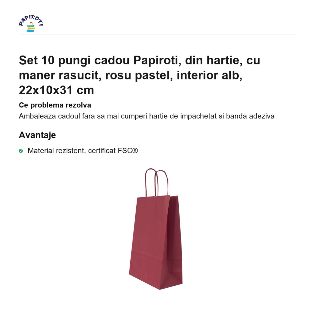 Set 10 pungi cadou Papiroti, din hartie, cu maner rasucit, rosu pastel, interior alb, 22x10x31 cm [2]