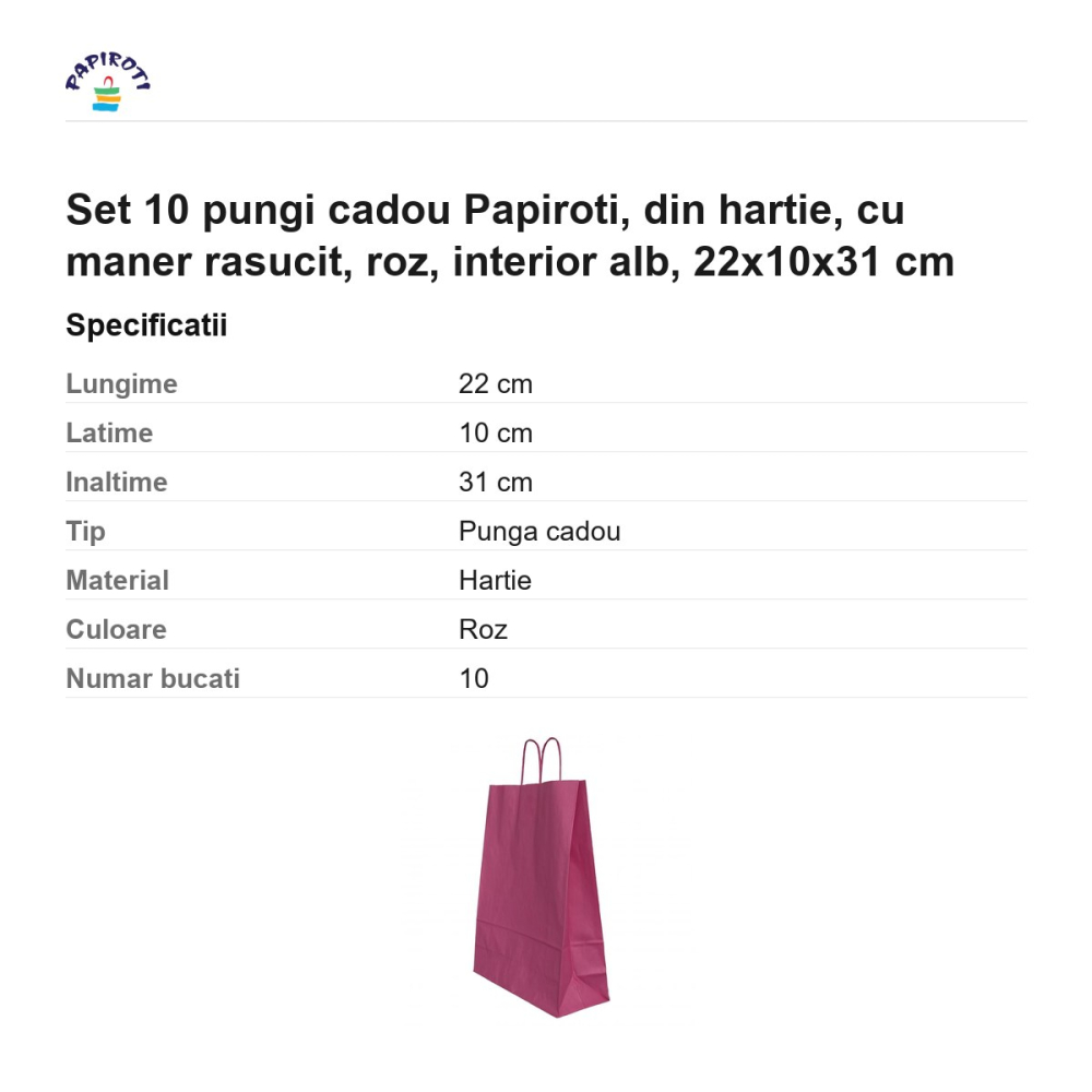 Set 10 pungi cadou Papiroti, din hartie, cu maner rasucit, roz, interior alb, 22x10x31 cm [3]