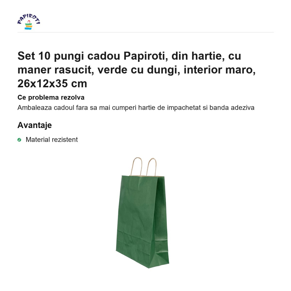 Set 10 pungi cadou Papiroti, din hartie, cu maner rasucit, verde cu dungi, interior maro, 26x12x35 cm [2]