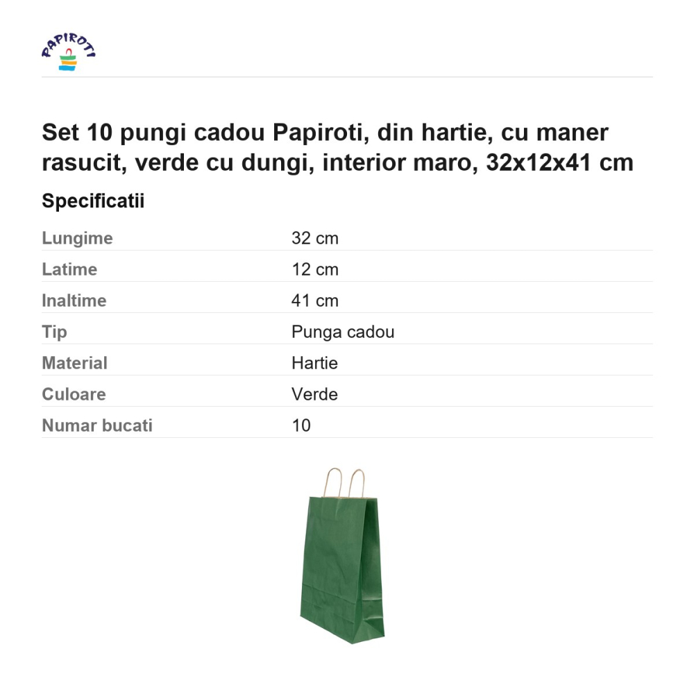 Set 10 pungi cadou Papiroti, din hartie, cu maner rasucit, verde cu dungi, interior maro, 32x12x41 cm [3]
