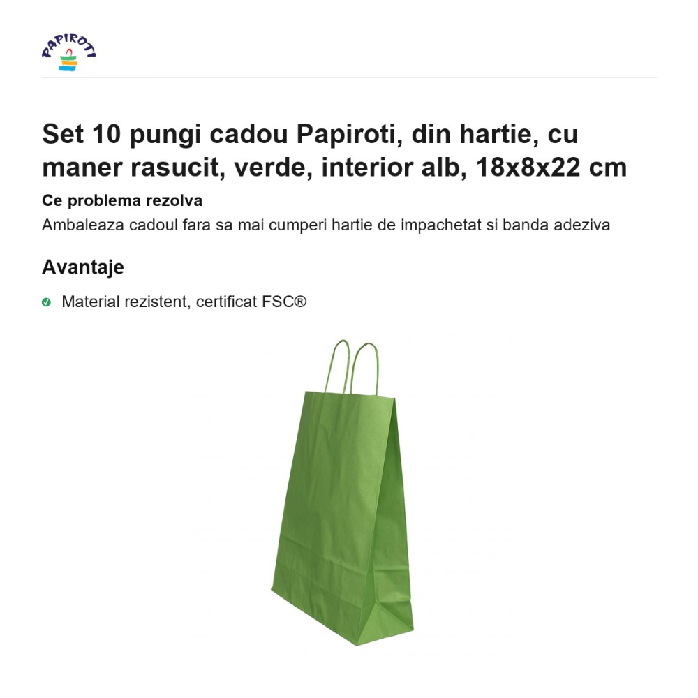 Set 10 pungi cadou Papiroti, din hartie, cu maner rasucit, verde, interior alb, 18x8x22 cm [2]