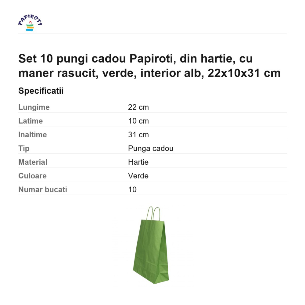 Set 10 pungi cadou Papiroti, din hartie, cu maner rasucit, verde, interior alb, 22x10x31 cm [3]