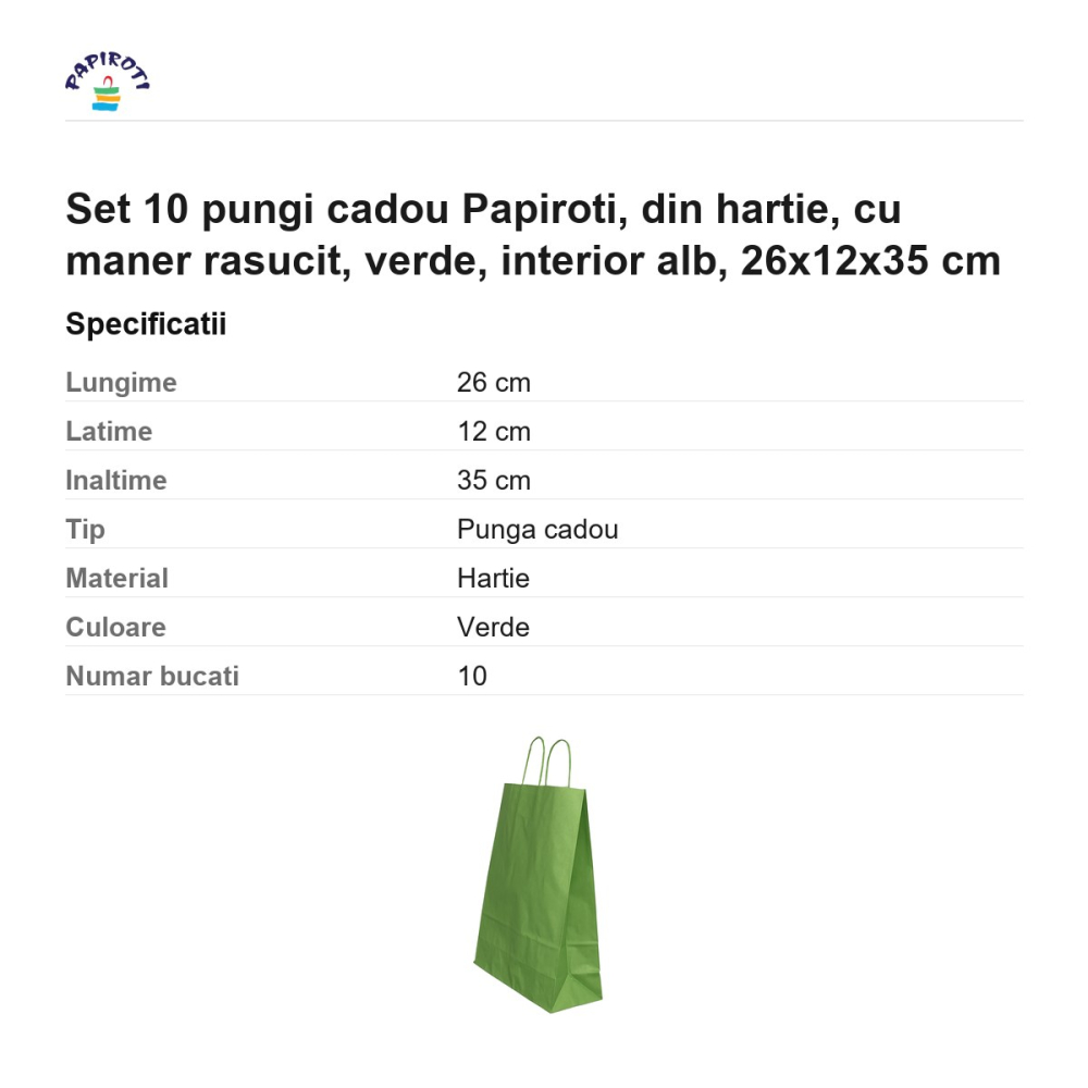 Set 10 pungi cadou Papiroti, din hartie, cu maner rasucit, verde, interior alb, 26x12x35 cm [3]