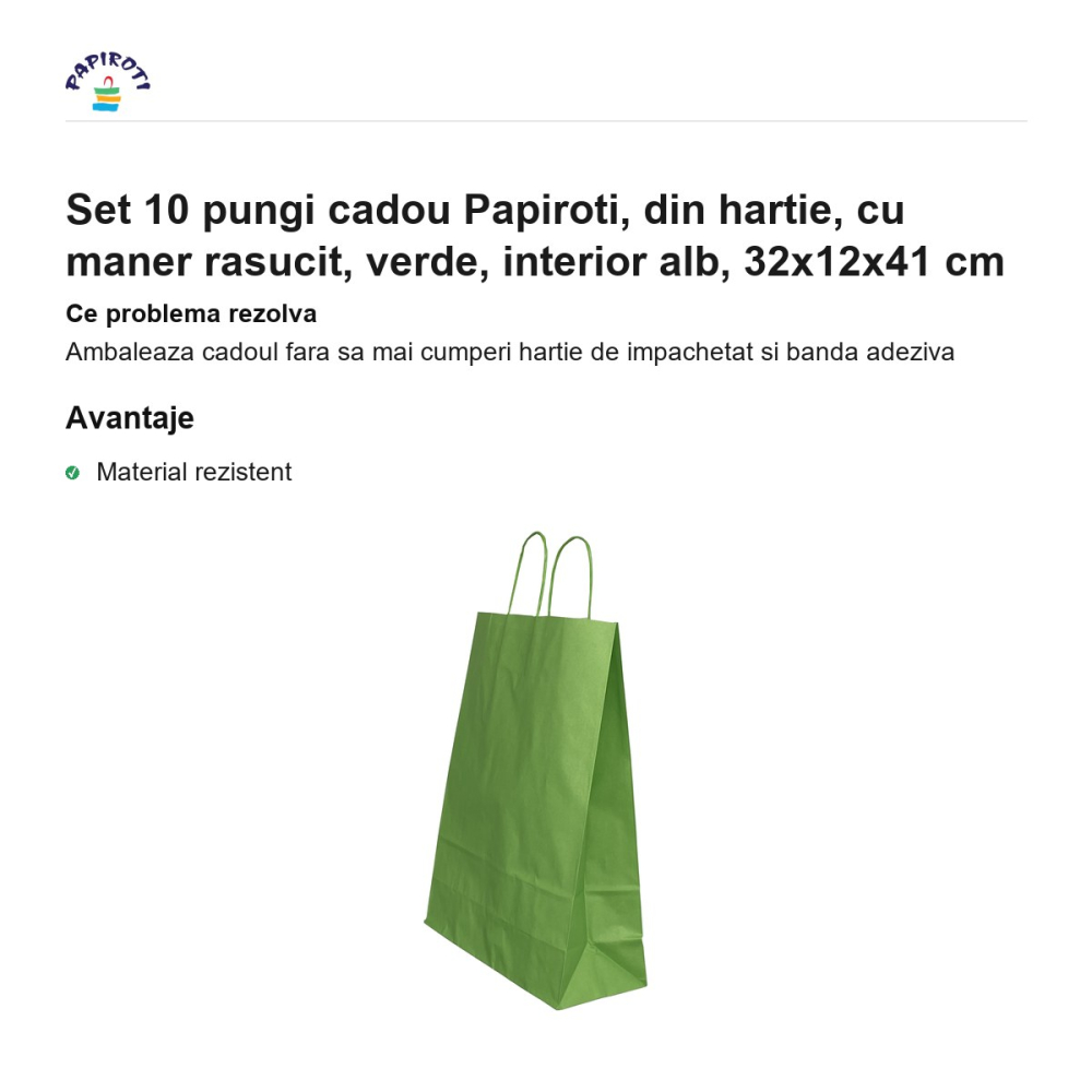 Set 10 pungi cadou Papiroti, din hartie, cu maner rasucit, verde, interior alb, 32x12x41 cm [2]