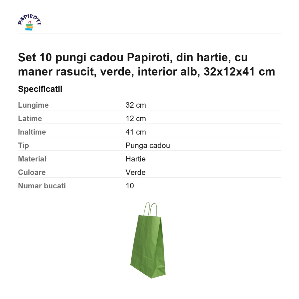 Set 10 pungi cadou Papiroti, din hartie, cu maner rasucit, verde, interior alb, 32x12x41 cm [3]
