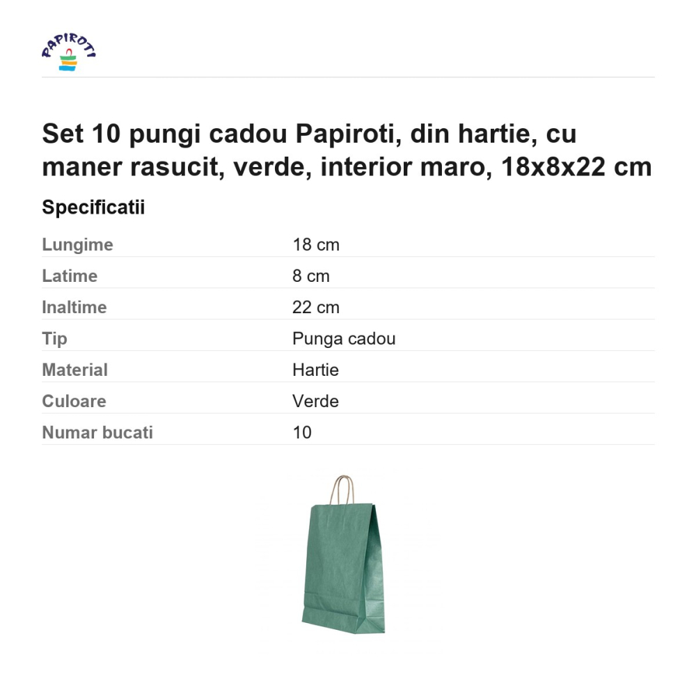 Set 10 pungi cadou Papiroti, din hartie, cu maner rasucit, verde, interior maro, 18x8x22 cm [3]