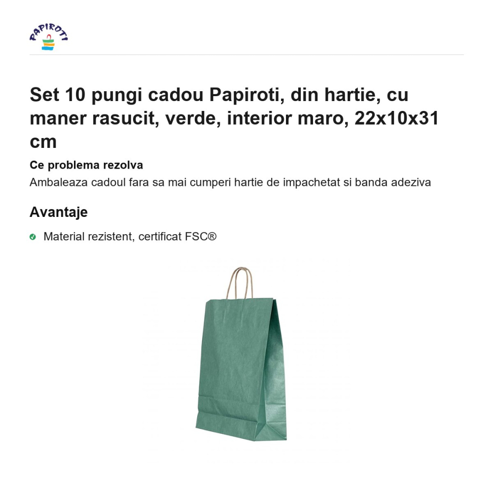 Set 10 pungi cadou Papiroti, din hartie, cu maner rasucit, verde, interior maro, 22x10x31 cm [2]