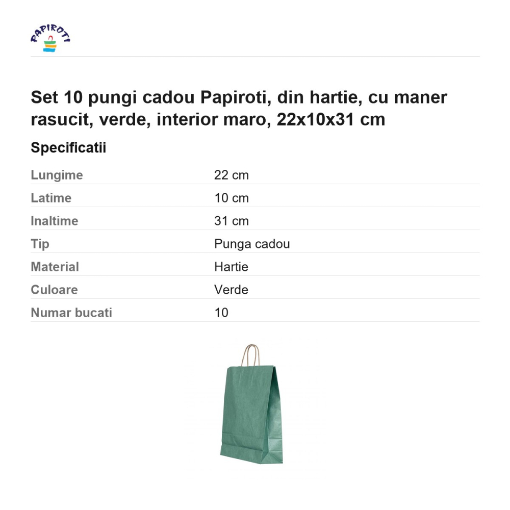 Set 10 pungi cadou Papiroti, din hartie, cu maner rasucit, verde, interior maro, 22x10x31 cm [3]