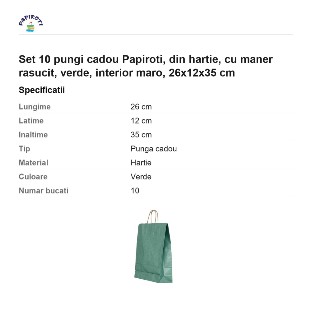 Set 10 pungi cadou Papiroti, din hartie, cu maner rasucit, verde, interior maro, 26x12x35 cm [3]