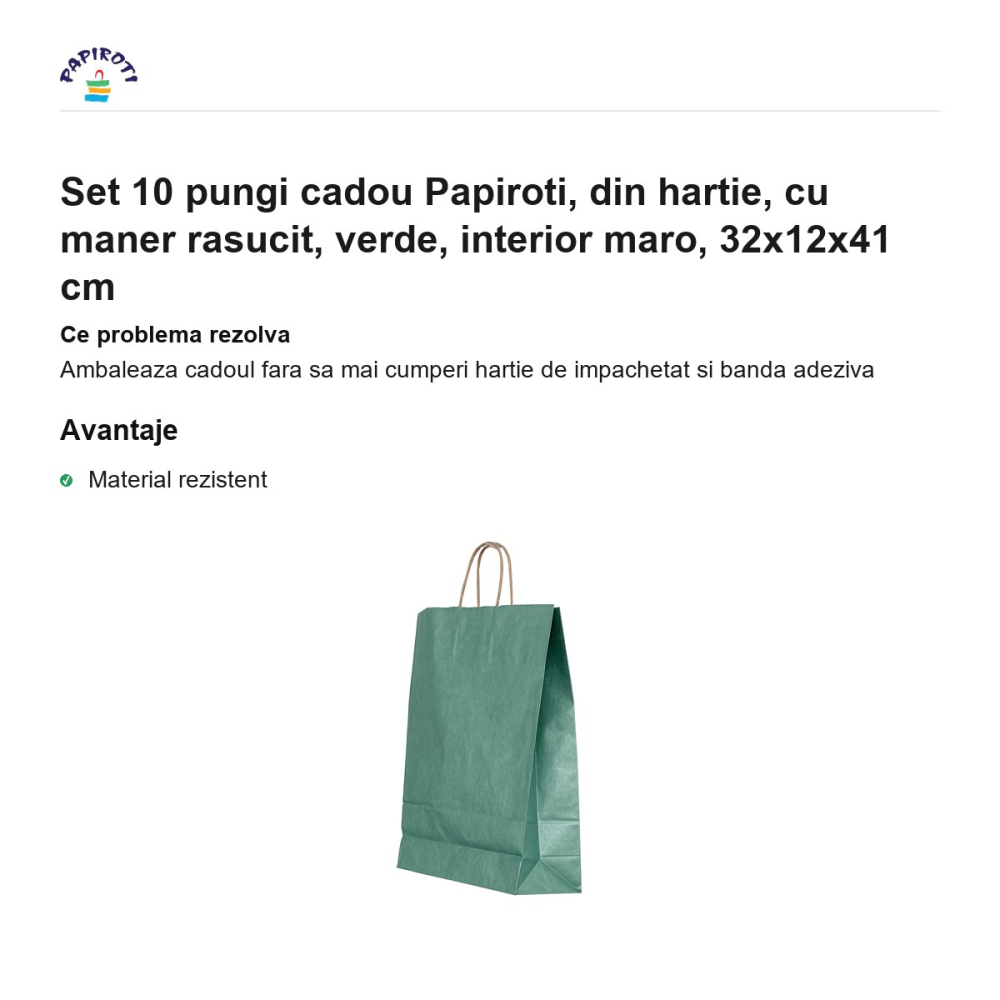 Set 10 pungi cadou Papiroti, din hartie, cu maner rasucit, verde, interior maro, 32x12x41 cm [2]