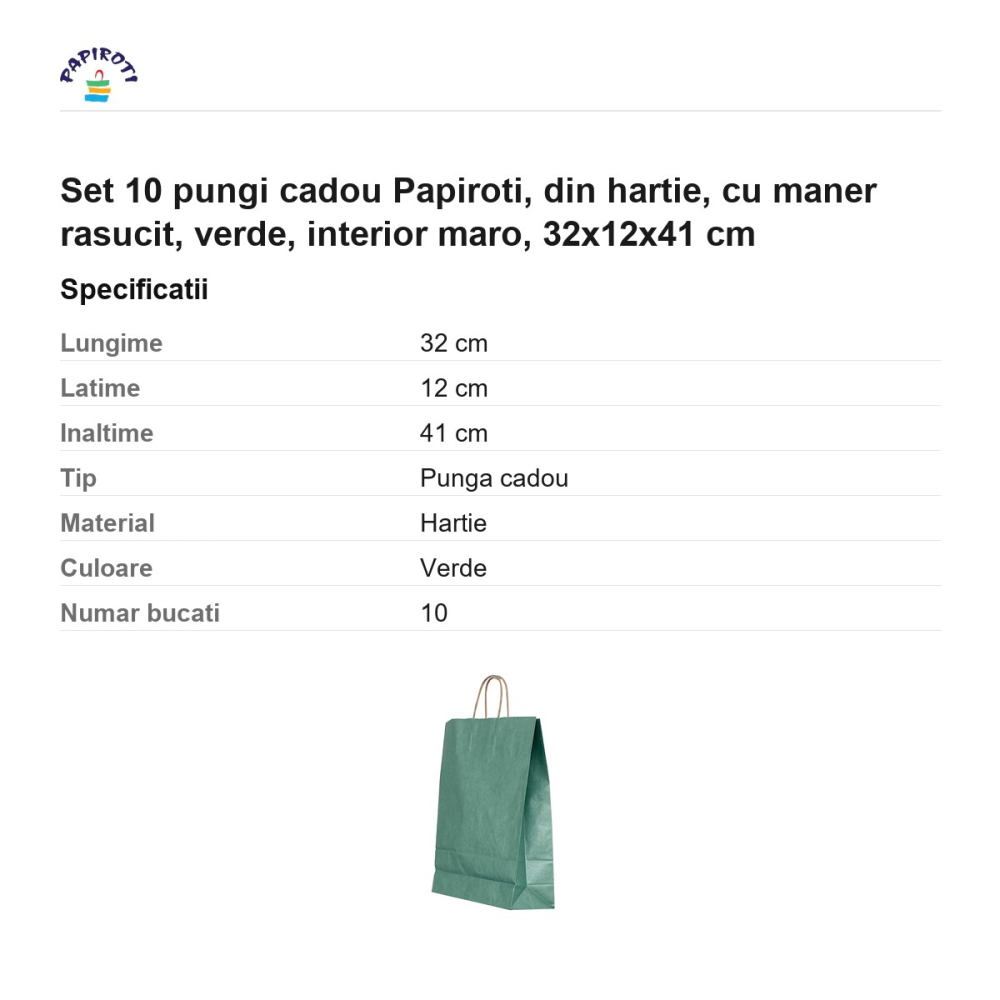 Set 10 pungi cadou Papiroti, din hartie, cu maner rasucit, verde, interior maro, 32x12x41 cm [3]