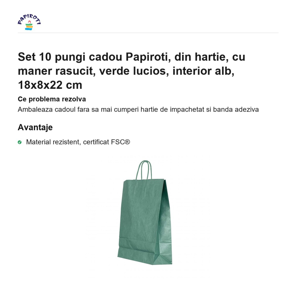 Set 10 pungi cadou Papiroti, din hartie, cu maner rasucit, verde lucios, interior alb, 18x8x22 cm [2]