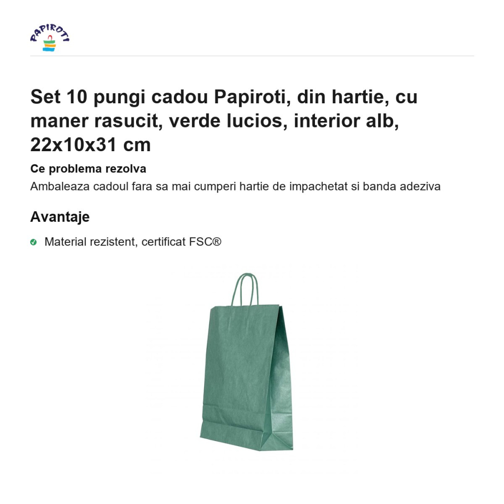 Set 10 pungi cadou Papiroti, din hartie, cu maner rasucit, verde lucios, interior alb, 22x10x31 cm [2]