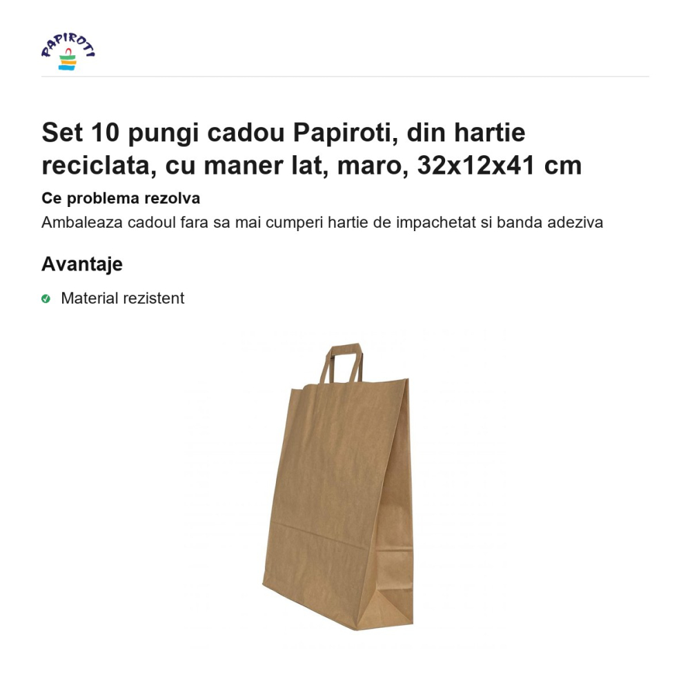 Set 10 pungi cadou Papiroti, din hartie reciclata, cu maner lat, maro, 32x12x41 cm [2]