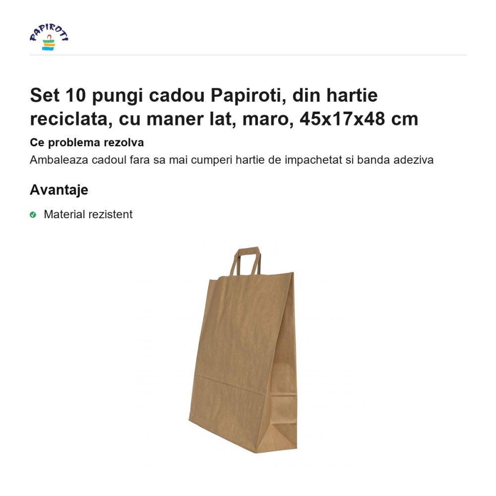 Set 10 pungi cadou Papiroti, din hartie reciclata, cu maner lat, maro, 45x17x48 cm [2]