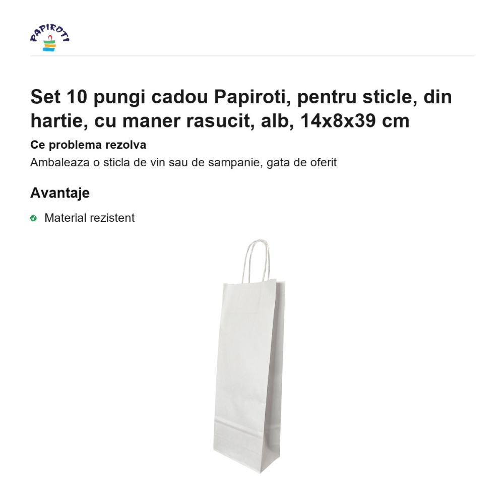 Set 10 pungi cadou Papiroti, pentru sticle, din hartie, cu maner rasucit, alb, 14x8x39 cm [2]
