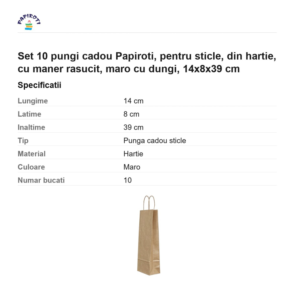 Set 10 pungi cadou Papiroti, pentru sticle, din hartie, cu maner rasucit, maro cu dungi, 14x8x39 cm [3]