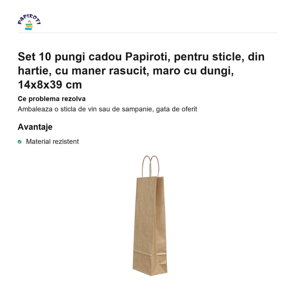 Set 10 pungi cadou Papiroti, pentru sticle, din hartie, cu maner rasucit, maro cu dungi, 14x8x39 cm [2]