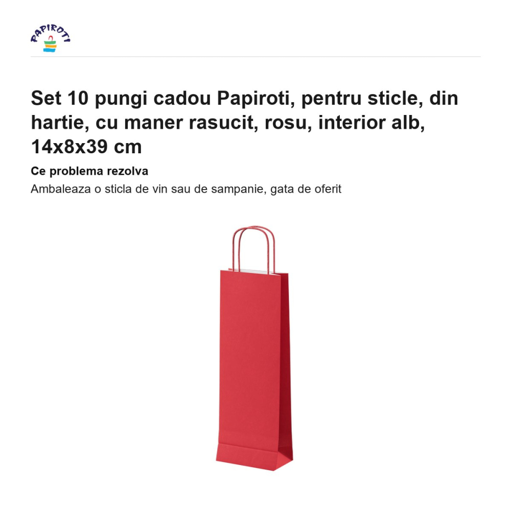 Set 10 pungi cadou Papiroti, pentru sticle, din hartie, cu maner rasucit, rosu, interior alb, 14x8x39 cm [2]