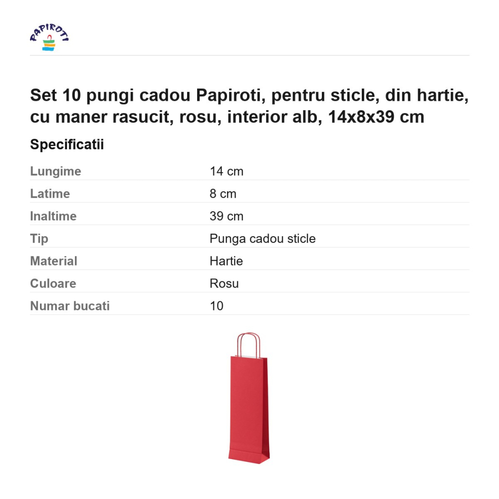 Set 10 pungi cadou Papiroti, pentru sticle, din hartie, cu maner rasucit, rosu, interior alb, 14x8x39 cm [3]