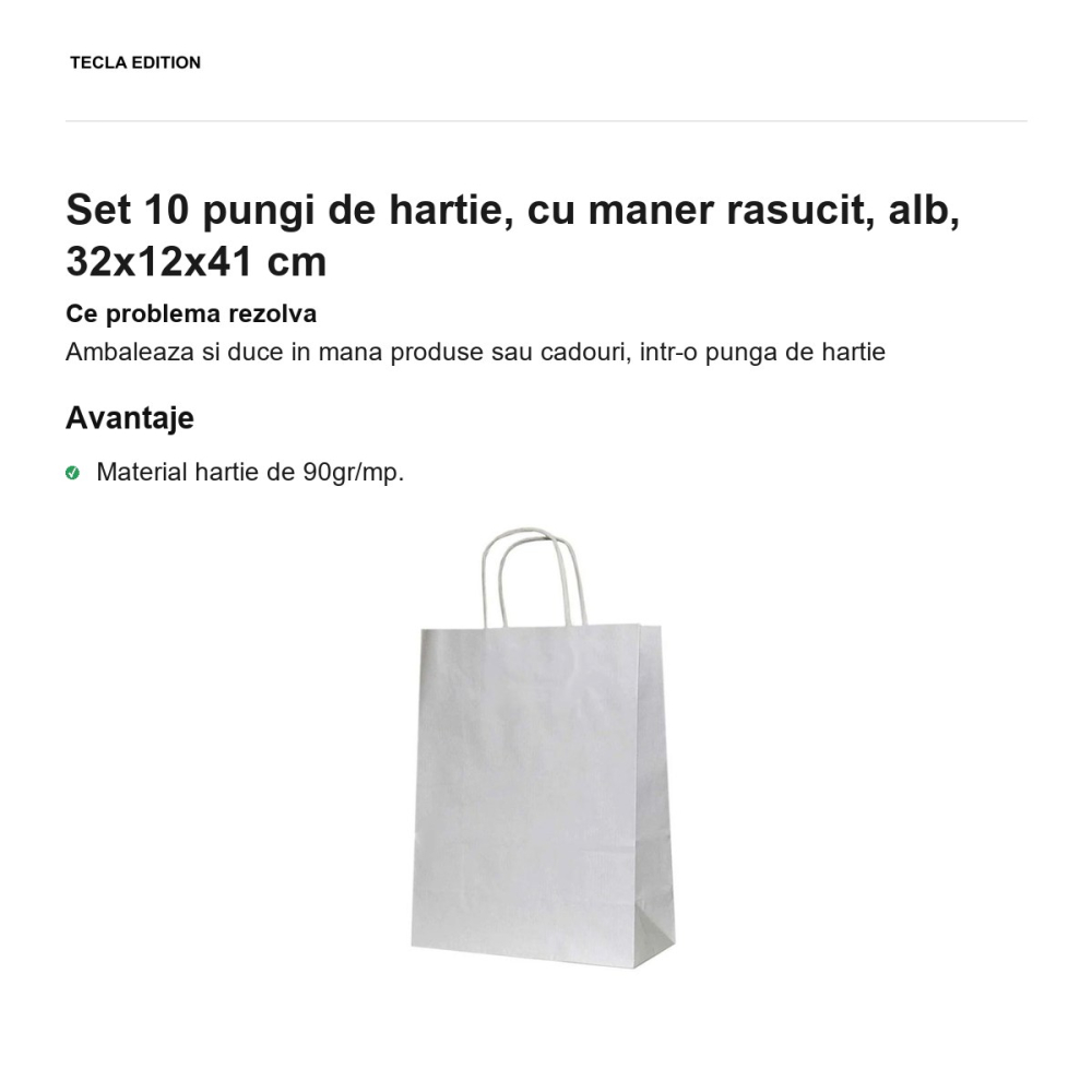 Set 10 pungi de hartie, cu maner rasucit, alb, 32x12x41 cm [2]