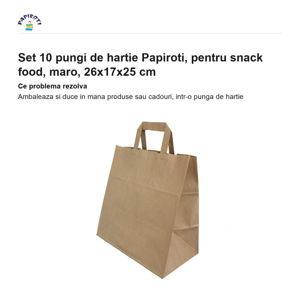 Set 10 pungi de hartie Papiroti, pentru snack food, maro, 26x17x25 cm [2]