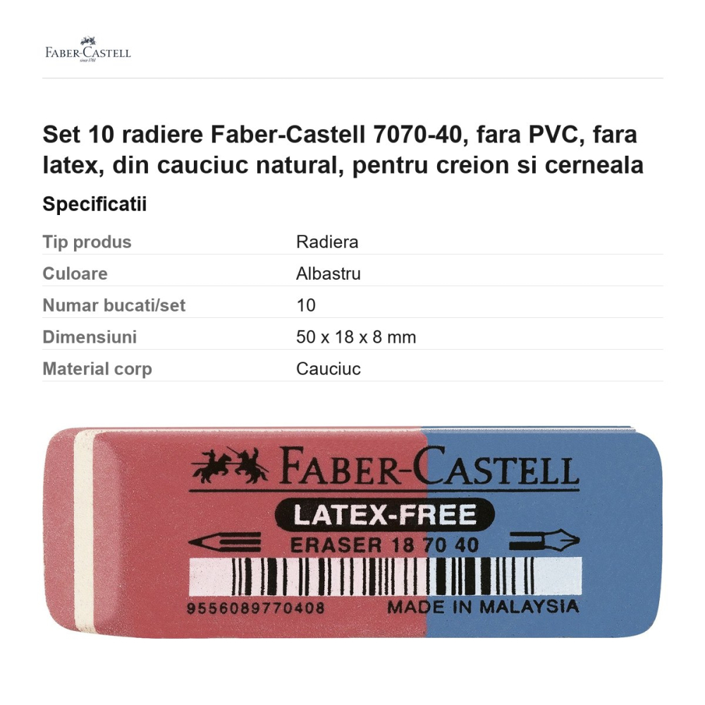 Set 10 radiere Faber-Castell 7070-40, fara PVC, fara latex, din cauciuc natural, pentru creion si cerneala [3]