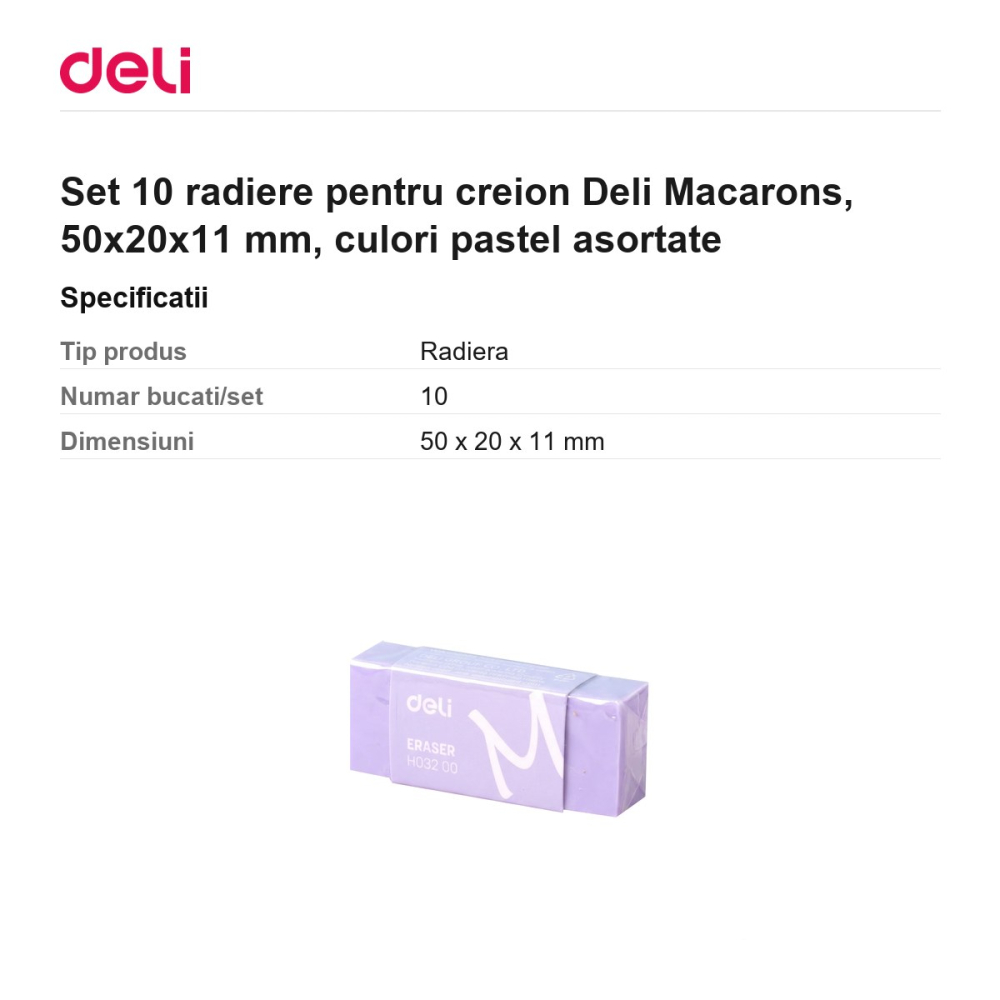 Set 10 radiere pentru creion Deli Macarons, 50x20x11 mm, culori pastel asortate [3]