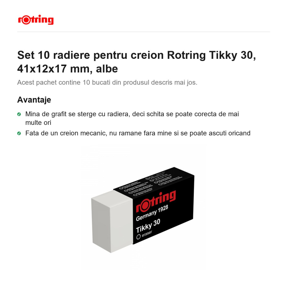 Set 10 radiere pentru creion Rotring Tikky 30, 41x12x17 mm, albe [2]