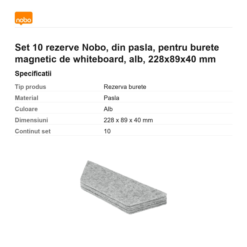 Set 10 rezerve Nobo, din pasla, pentru burete magnetic de whiteboard, alb, 228x89x40 mm [3]
