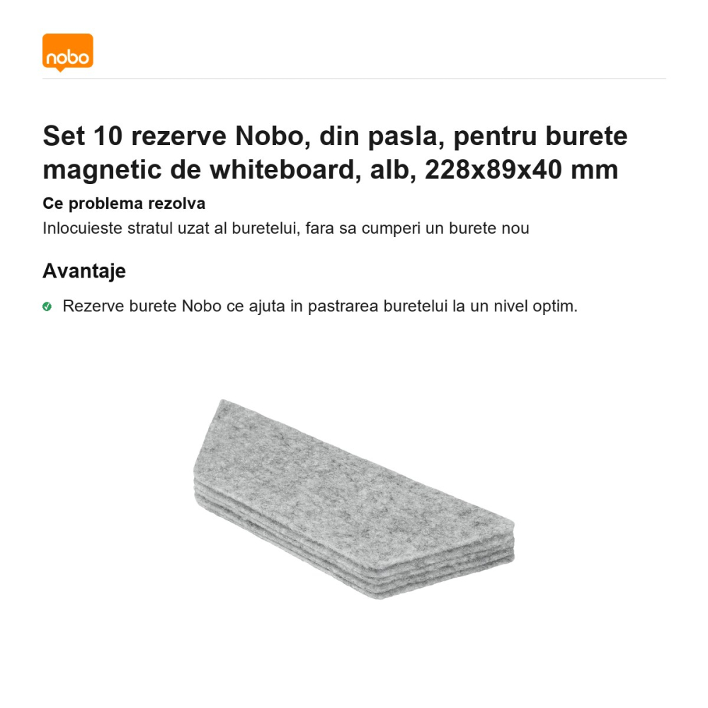 Set 10 rezerve Nobo, din pasla, pentru burete magnetic de whiteboard, alb, 228x89x40 mm [2]
