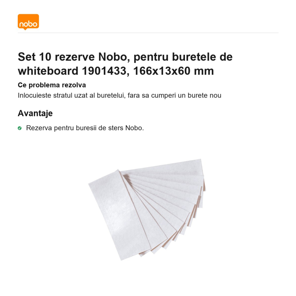Set 10 rezerve Nobo, pentru buretele de whiteboard 1901433, 166x13x60 mm [2]