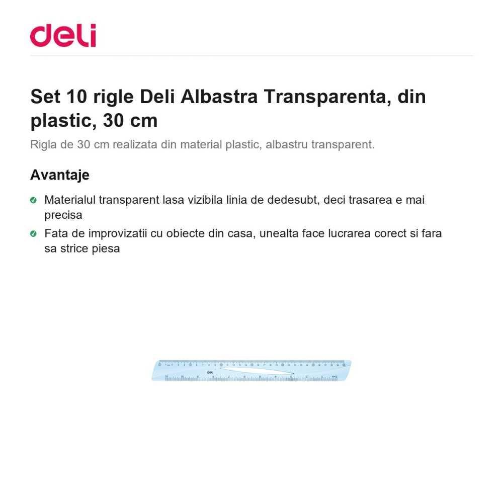Set 10 rigle Deli Albastra Transparenta, din plastic, 30 cm [2]