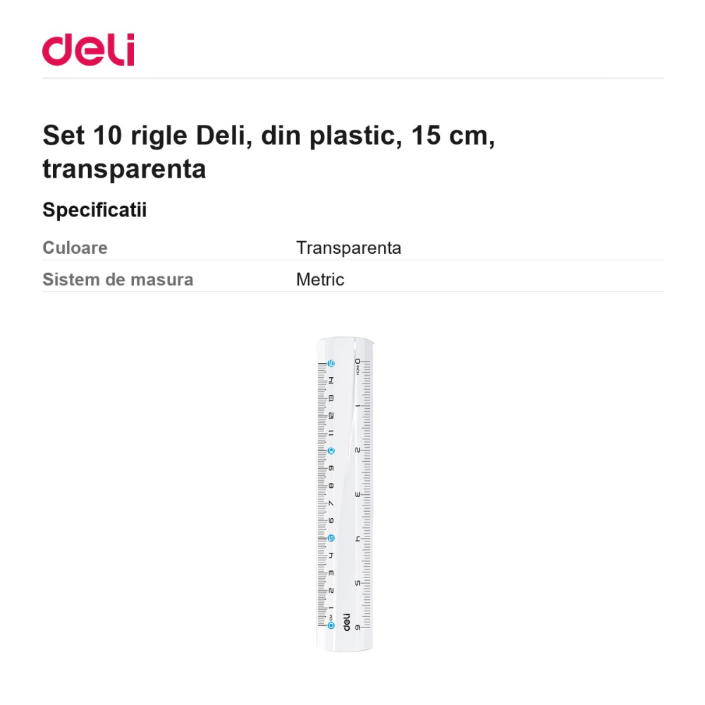 Set 10 rigle Deli, din plastic, 15 cm, transparenta [3]