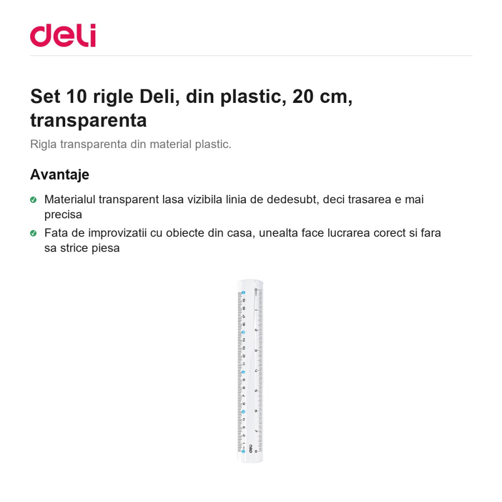 Set 10 rigle Deli, din plastic, 20 cm, transparenta [2]