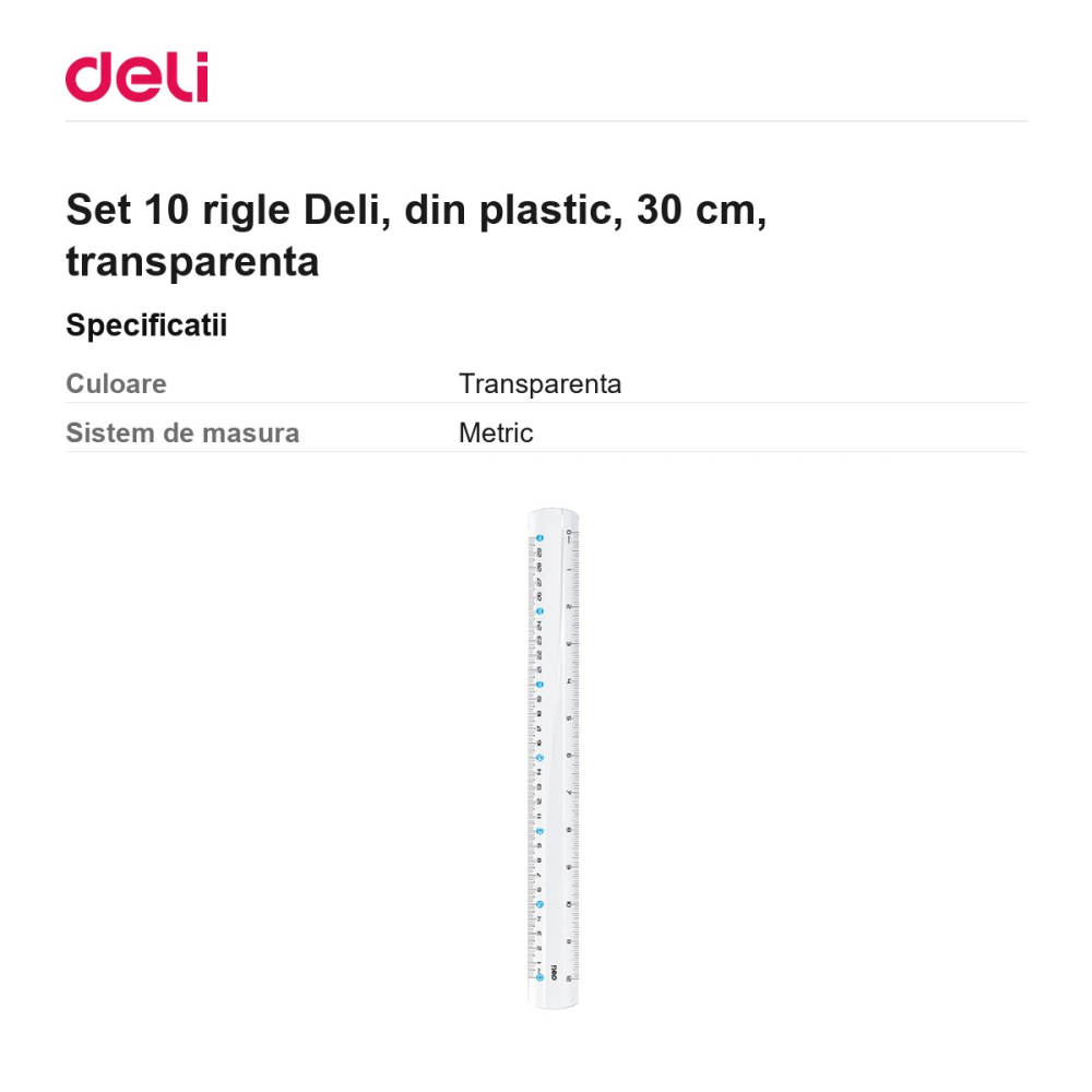 Set 10 rigle Deli, din plastic, 30 cm, transparenta [3]