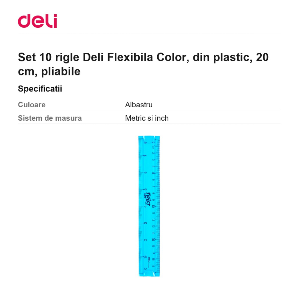 Set 10 rigle Deli Flexibila Color, din plastic, 20 cm, pliabile [3]