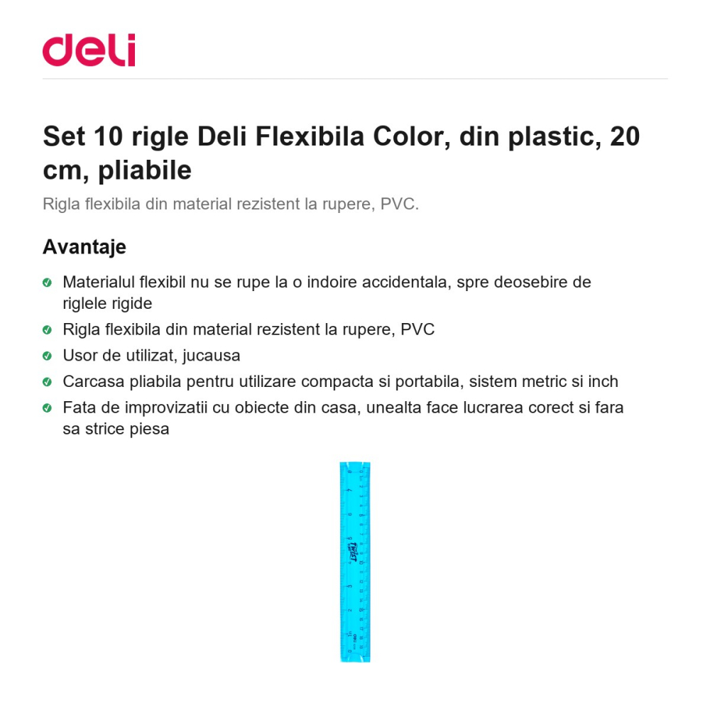 Set 10 rigle Deli Flexibila Color, din plastic, 20 cm, pliabile [2]