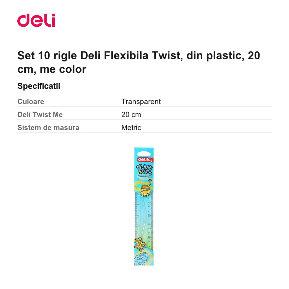Set 10 rigle Deli Flexibila Twist, din plastic, 20 cm, me color [3]