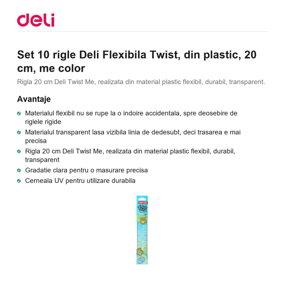 Set 10 rigle Deli Flexibila Twist, din plastic, 20 cm, me color [2]