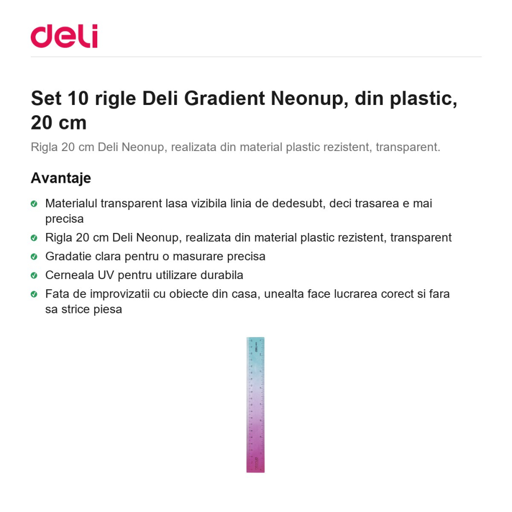 Set 10 rigle Deli Gradient Neonup, din plastic, 20 cm [2]