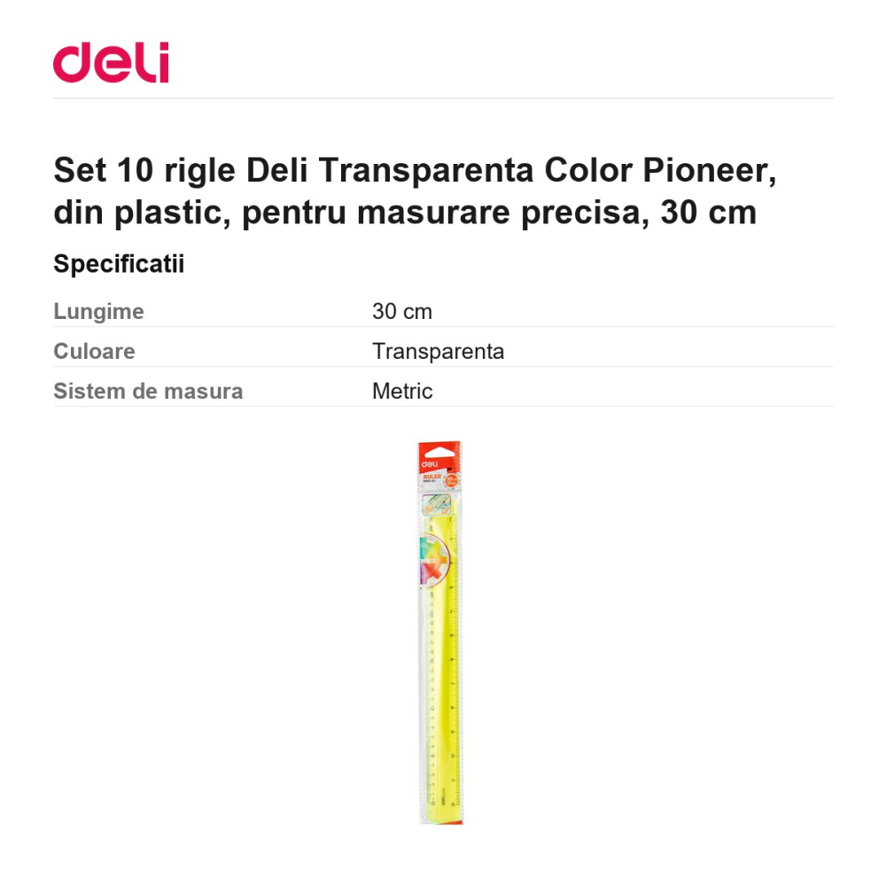 Set 10 rigle Deli Transparenta Color Pioneer, din plastic, pentru masurare precisa, 30 cm [3]