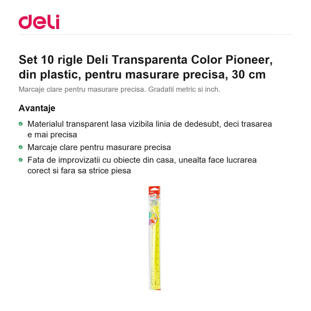 Set 10 rigle Deli Transparenta Color Pioneer, din plastic, pentru masurare precisa, 30 cm [2]