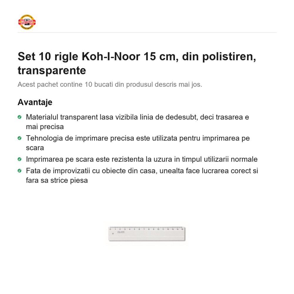 Set 10 rigle Koh-I-Noor 15 cm, din polistiren, transparente [2]