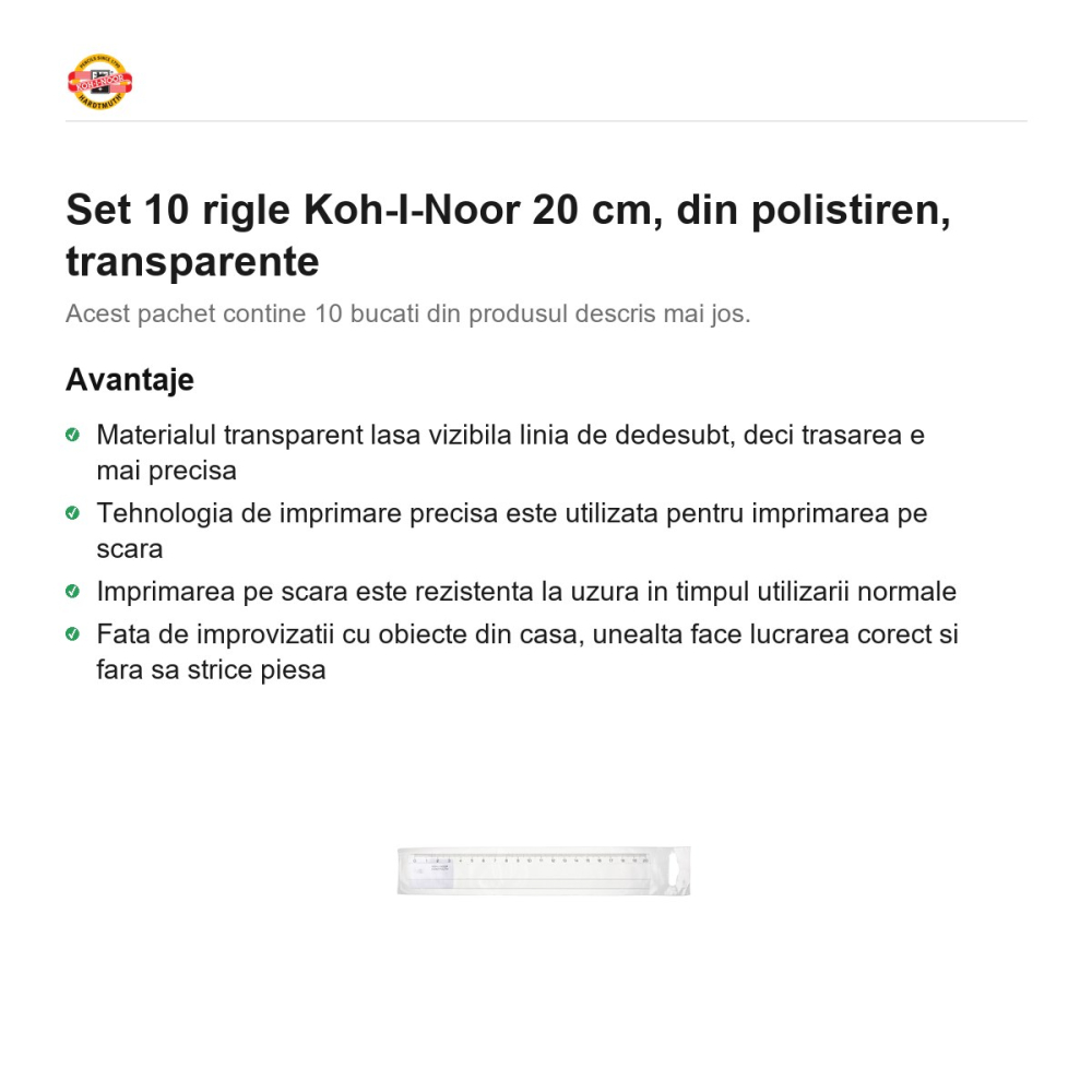 Set 10 rigle Koh-I-Noor 20 cm, din polistiren, transparente [2]